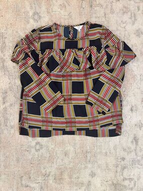 crown & ivy Navy Plaid Ruffle Yoke Blouse